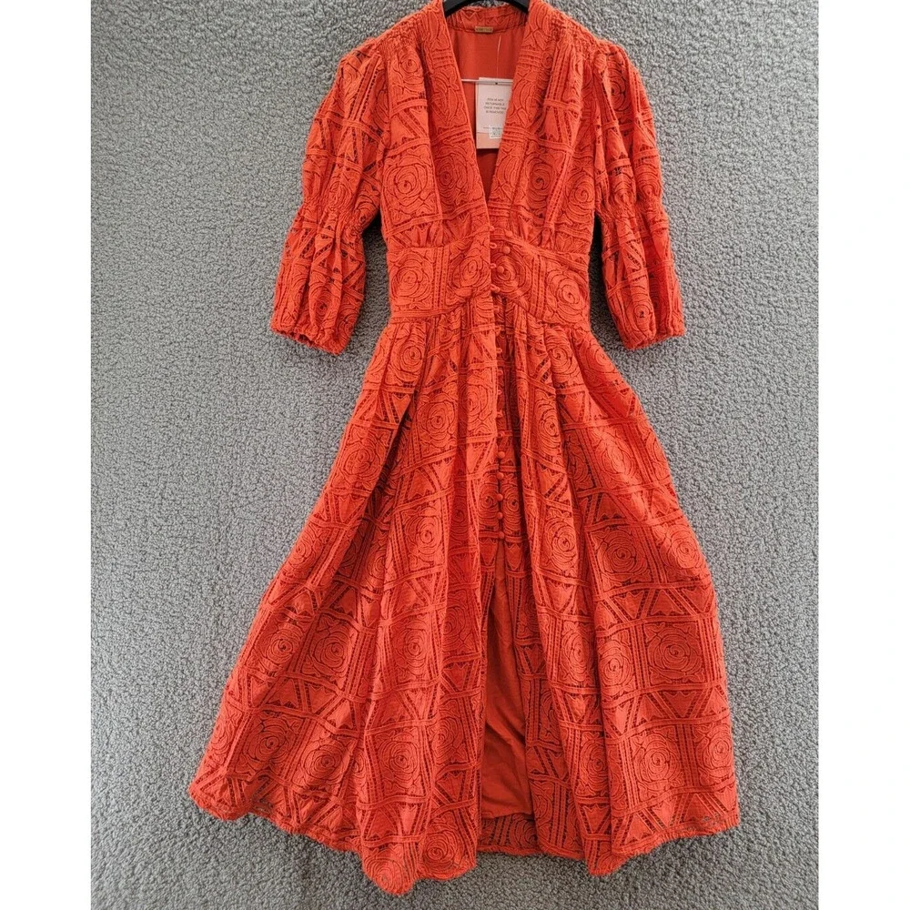 Cult Gaia Willow Embroidered MIDI Dress Women's XS Tangerine Button Closure - Picture 2 of 15
